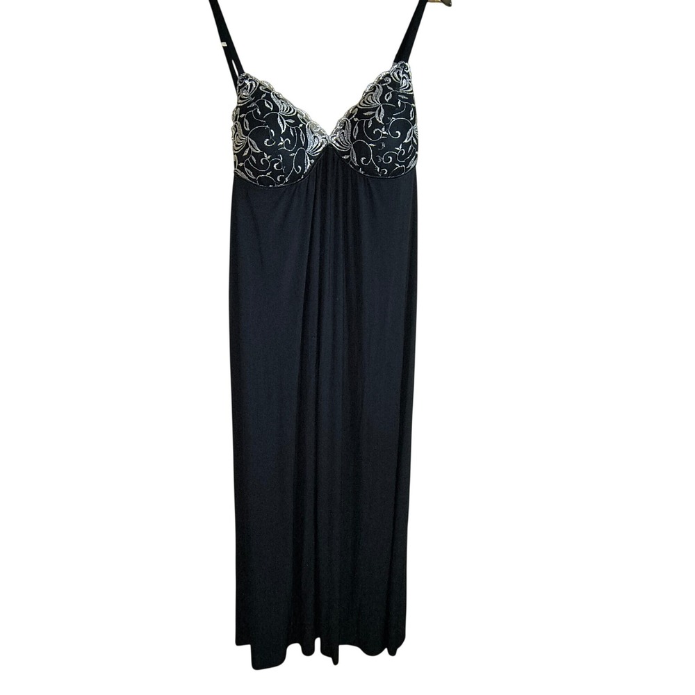 Ambrielle Womens Black Silver Metallic Floral Embroidered Maxi Nightgown Large